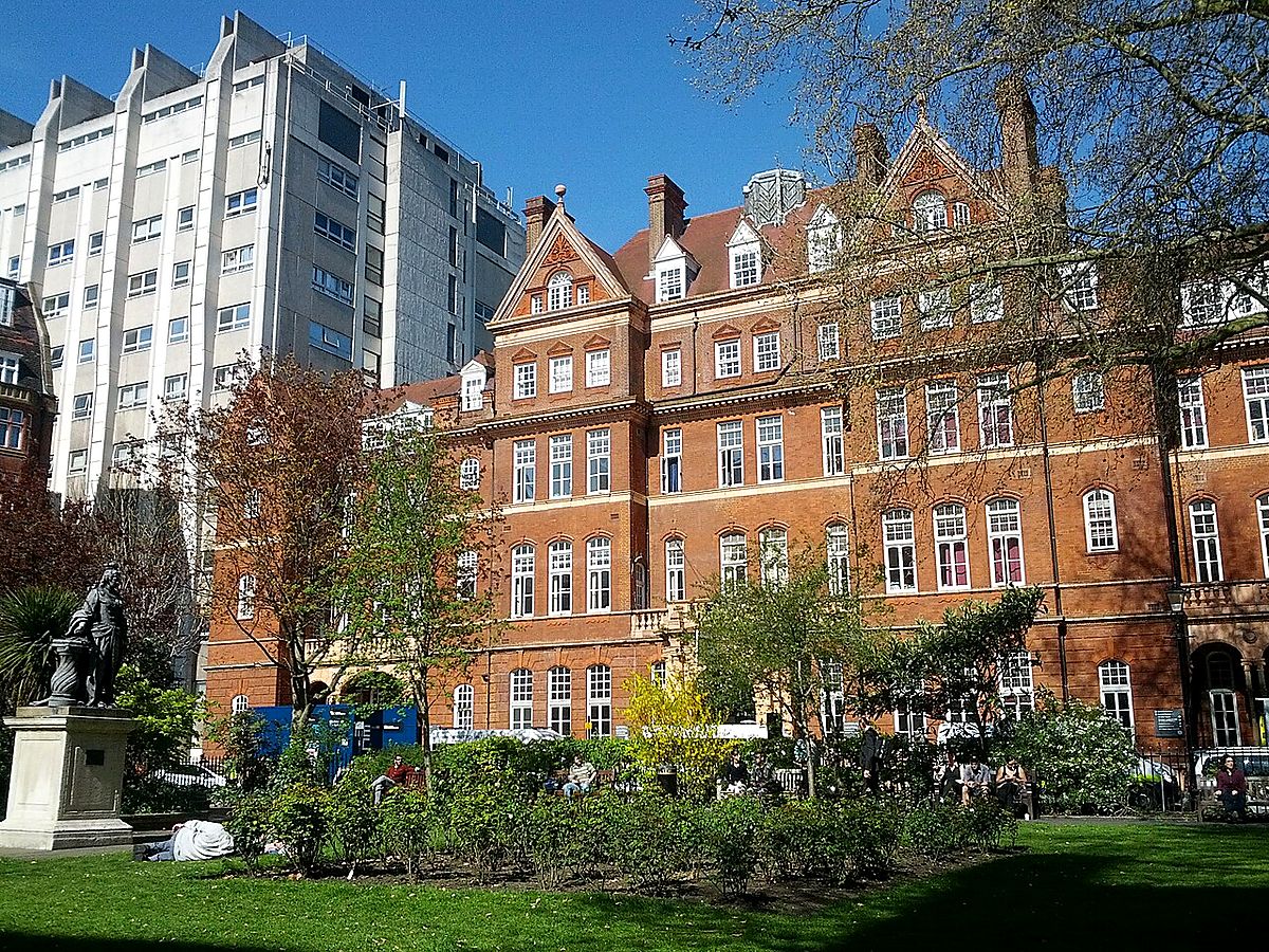 The red-brick Victorian façade of the National Hospital for Neurology & Neurosurgery, Queen Square, London